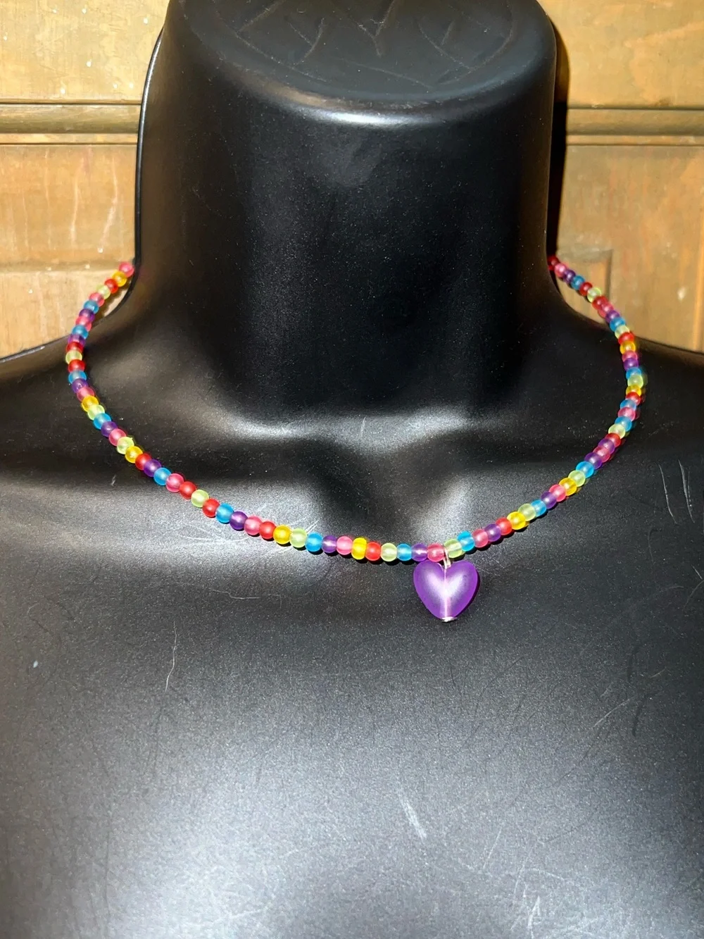 Y2K Rainbow Kidcore Beaded Necklace Purple Heart Pendant Girls One Size